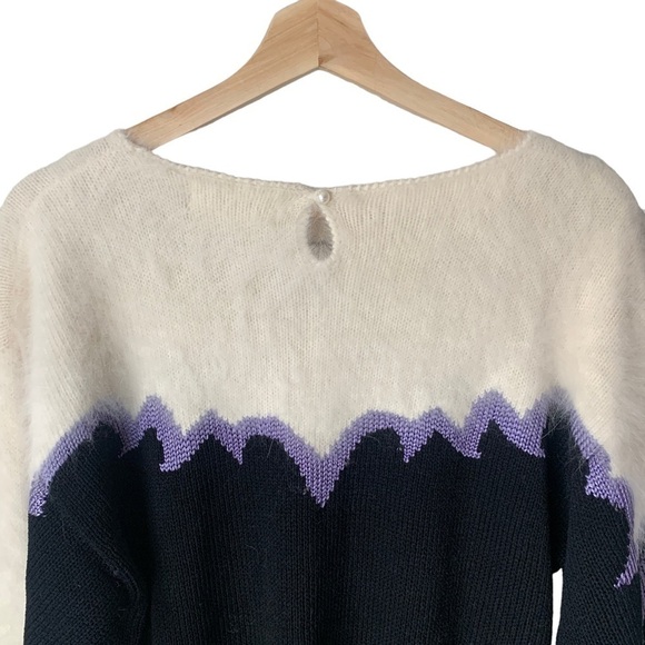 Vintage Lara Ferrante Angora Sweater Faux Leather Flowers Sequins Black Purple L - Picture 7 of 11